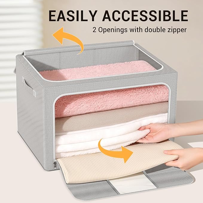 Clothes Storage Bins with Metal Frame Foldable Storage Box Clothes Organizers Storage Containers for Clothes Sheets Blankets Books Toys Gifts and Holiday Decorations (24Lx3 Pack)