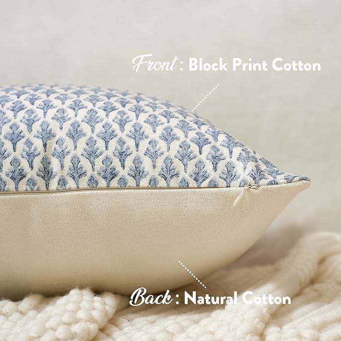 FIOUOVO Floral Pillow Covers 18x18 Pillow Cover Block Print Couch Pillows for Living Room Decorative Neutral Accent Throw Pillow Covers, 1PC, Aqua Blue