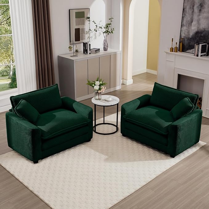 KEIKI 2-Piece Sofa Set with 2 Oversized Corduroy Single Sofa, Upholstered Modern 2-Seater Lounge Accent Chair Set with 2 Pillow, High-Density Foam Cushions, Removable Armrests, for Living Room, Green