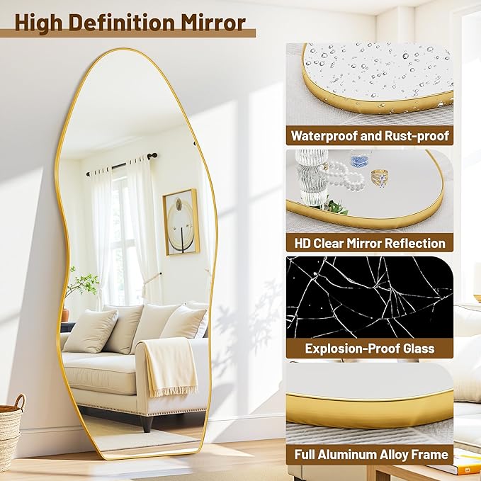 Antok Full Length Mirror, 76"x36" Floor Mirror with Stand, Standing Hanging Leaning Irregular Mirrors for Bedroom Living Room Entryway, Wavy Shaped, Golden