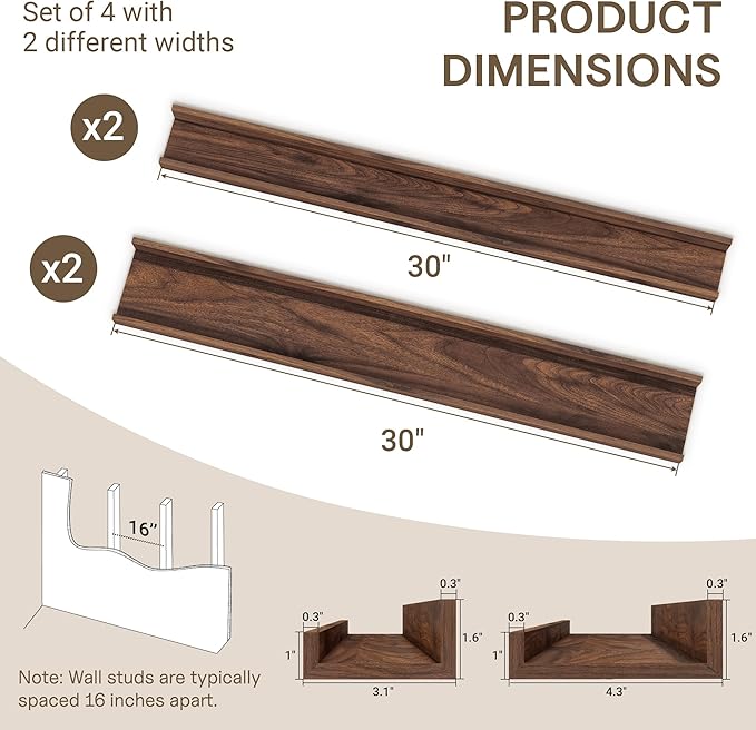Fun Memories Picture Ledge Shelf - 30 Inches Floating Shelves Set of 4 - Floating Shelves with Lip for Storage - Wood Bookshelf Wall Mounted for Bedroom - Living Room - Kitchen - Walnut Color