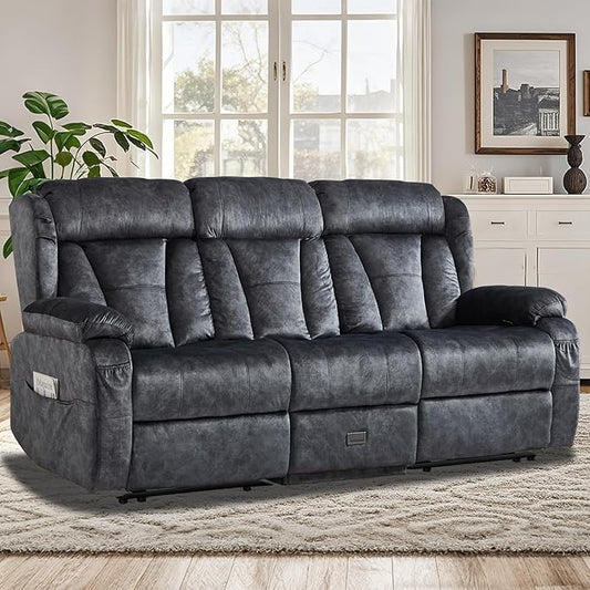 77.2" Manual Reclining Loveseat Sofa - Wall Hugger 3 Seat Loveseat Recliner with Console, Fold-Down Table and Built-in Outlets, Recliner Couch for Living Room RVs Home Theater Seating(Gray, 3 Seater)