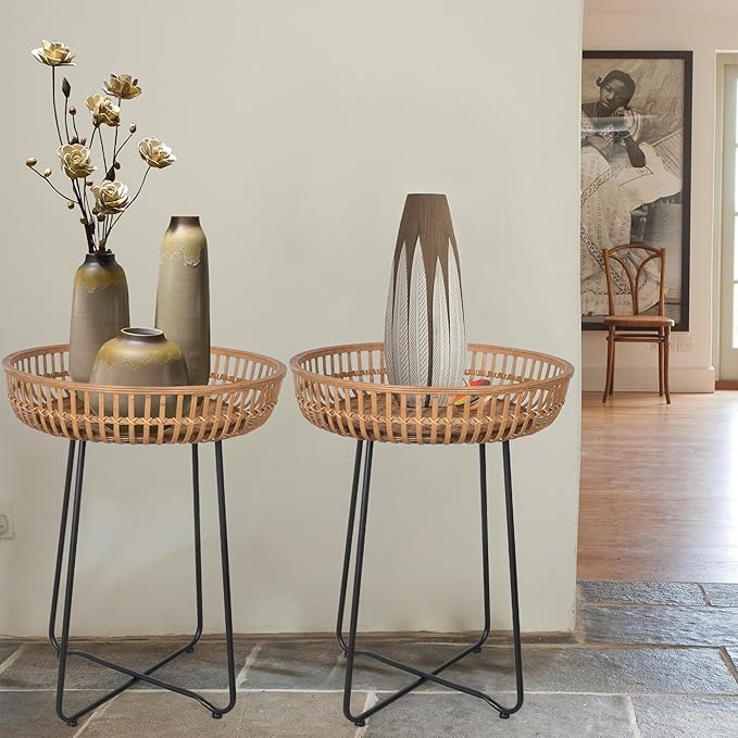 Oakrain Rattan End Table, Nesting Tables, Set of 2, Bamboo, Round, Metal Base, for Boho Living Room, Sofa, Bedroom, Terrace (18.11inch, Set of 2)