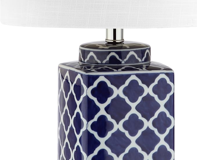 JONATHAN Y 23" Blue/White Chinoiserie Ceramic LED Table Lamp, Hand-Painted Trellis Ginger Jar Design for Living Room Bedroom, White Linen Drum Shade, LED Bulb Included JYL3011A