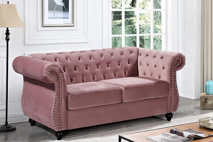 Container Furniture Direct Feinstein Modern Velvet Chesterfield Couches for Living Room with Nailheads, Diamond Tufting & Durable Metal Frame, Loveseat, Rose