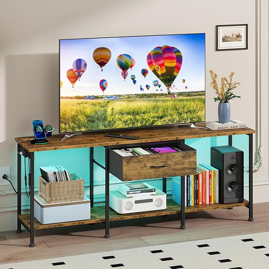 GYIIYUO LED TV Stand for 65 60 55 Inch TV, Entertainment Center with Power Outlet and Fabric Drawers, Industrial TV Console Table for Living Room Bedroom, 55" Rustic Brown