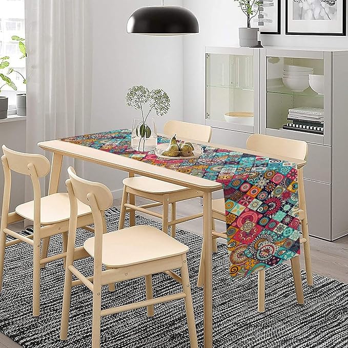 Boho Bohemian Table Runner Colorful Abstract Mid Century Geometric Table Ruuner Decoration for Kitchen Dining Room 13x108in