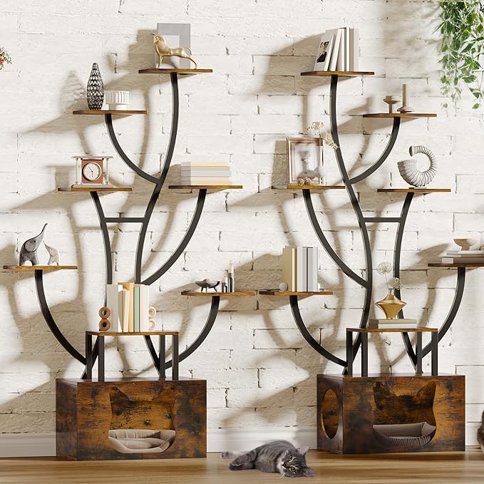 DWVO Tall Bookshelf with LED Light, Artistically Designed Tree Bookshelf with Cats Litter Box, 8-Tier Unique Bookshelves Corner Display Shelf for Home Office, Bedroom