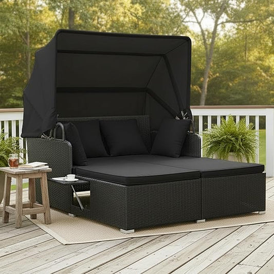Tangkula Patio Rattan Daybed with Retractable Canopy, Outdoor Wicker Sunbed Lounger with 2 Foldable Side Tables, Thick Seat & Back Cushions, Outside Double Daybed for Garden, Backyard, Porch (Black)