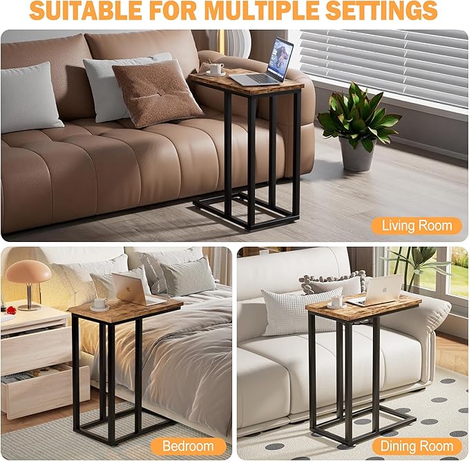VECELO Universal C-Shaped Side Table, Multi-Functional Snack & TV Tray for Living Room, Bedroom, Grey (2 Set)