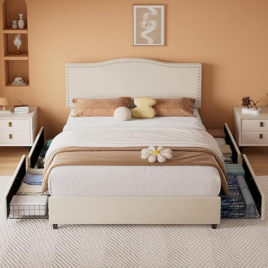 VECELO Queen Bed Frame, Platform Bed Frame with Underbed Storage Drawers and Adjustable Height Upholstered Headboard, Heavy-Duty Frame and Strong Wooden Slats Support, Noise-Free, Easy Assembly, Beige