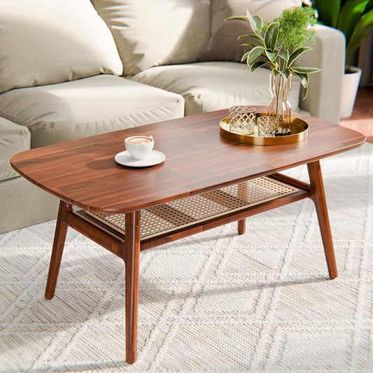 Bme Nancy Solid Acacia Wood Coffee Table for Living Room, Spacious Oval-Shaped 237 Lbs Top Capacity, Rattan Shelf Below, Mid Century, Rustic and Modern Style Living Room Furniture, Dark Chocolate