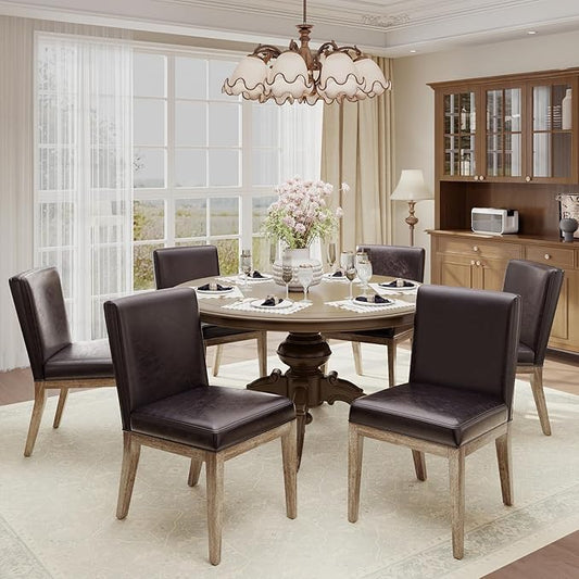 Wooden Dining Chairs Set of 6, Modern Leather Upholstered Dining Room Chair, Kitchen Side Chairs, Farmhouse Dinner Chair with High Back for Kitchen, Brown