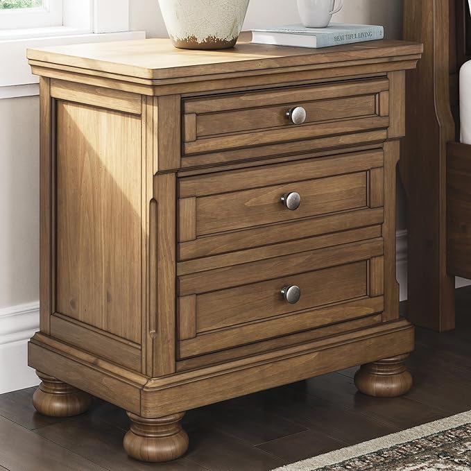 Signature Design by Ashley Glarrison Classic 3-Drawer Nightstand with Felt-Lined Top Drawer and Pull-Out Tray, Poplar Wood, Pine Veneer, Metal Knobs with Pewter-Tone Finish, 29.88" High, Light Brown