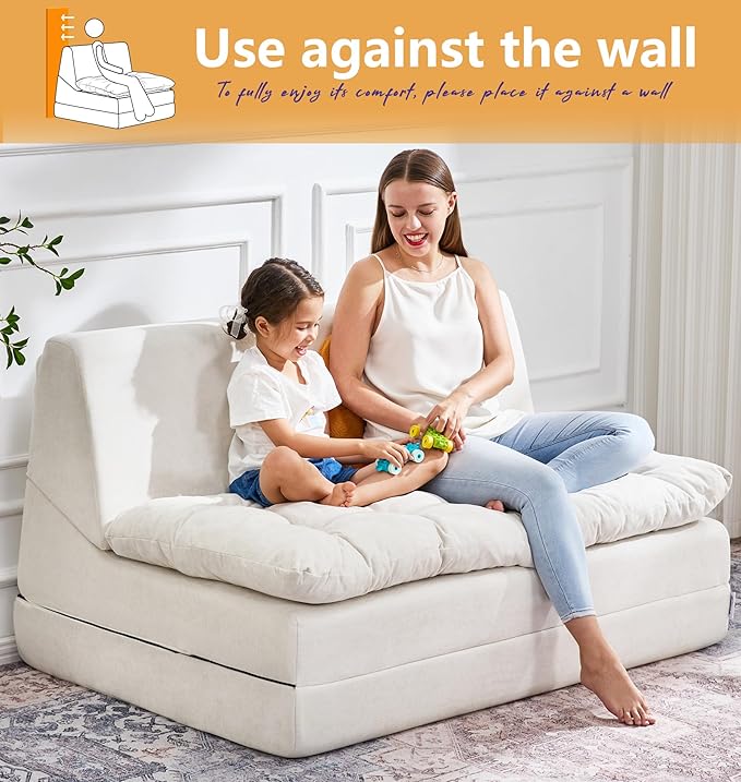 Hobestluk Sofa Couch Folding Sofa Bed Sleeper Comfy Floor Lounger Loveseat Sofa with Removable Cushion Couches Foldable Mattress for Living Room Bedroom or Office (Chenille Beige, Oversize)