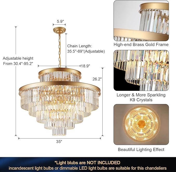 6-Tier Large Gold Crystal Chandeliers 35" Modern Luxury Chandeliers for Staircase K9 Crystal High Ceiling Chandelier 22-Light Round Hanging Pendant Light Fixture for Living Room Entryway Foyer