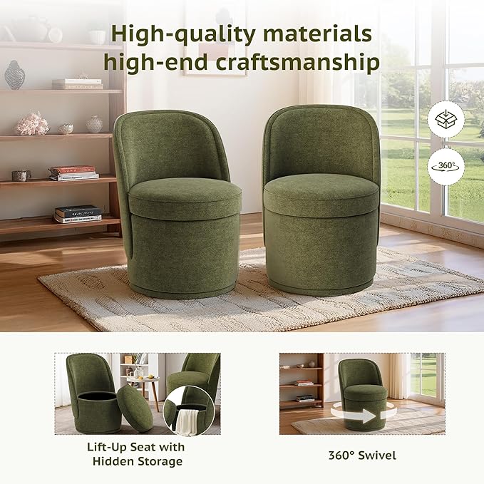 Swivel Accent Chair Set of 2, 360° Swivel Round Chair with Hidden Storage, Modern Small Barrel Armchair for Living Room/Bedroom, Green