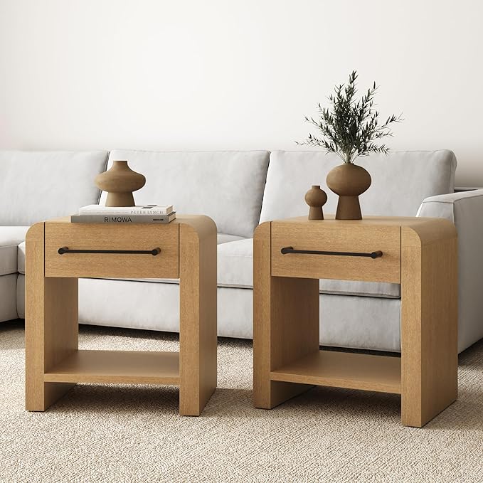 Nathan James Benjamin 1-Drawer Modern Nightstand, Rustic Bedside Table with Drawer, Rounded Edges with Metal Handle, Light Brown Set of 2