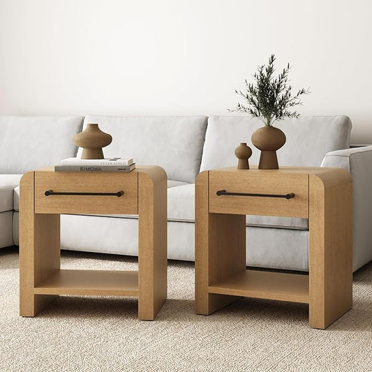 Nathan James Benjamin 1-Drawer Modern Nightstand, Rustic Bedside Table with Drawer, Rounded Edges with Metal Handle, Light Brown Set of 2