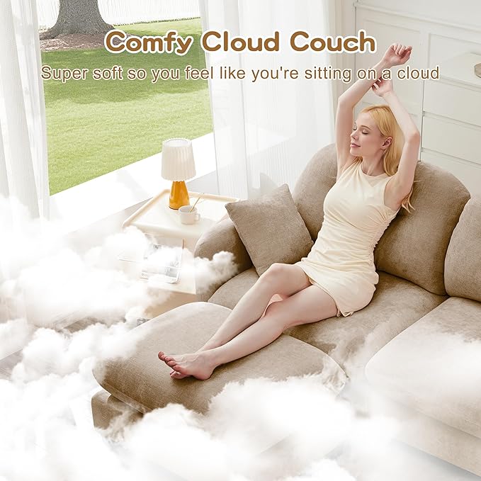 KEIKI 74" Oversized Chenille Modular Sectional Loveseat Sofa with 2 Ottoman, High-Density Foam Cushions, Tufted Pleated Cushion Backrest, Modern 2-Seater Couch with 2 Pillow, for Living Room, Camel