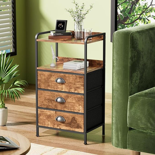 Night Stand with 3 Fabric Drawer and Sturdy Metal Frame, Modern Side Table Lightweight & Durable -55LB Load Capacity, Wear-Resistant & Easy-Clean Surface,Rustic Brown