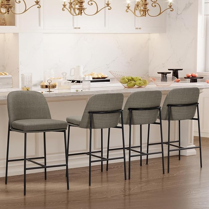 Bar Stools Set of 4, Modern Upholstered Counter Height Bar Chairs with Cushioned Seat and Curved Back, Fabric Kitchen Island Stools with Sturdy Metal Legs for Dining Room Island Bar, Brown