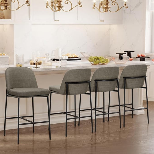 Bar Stools Set of 4, Modern Upholstered Counter Height Bar Chairs with Cushioned Seat and Curved Back, Fabric Kitchen Island Stools with Sturdy Metal Legs for Dining Room Island Bar, Brown