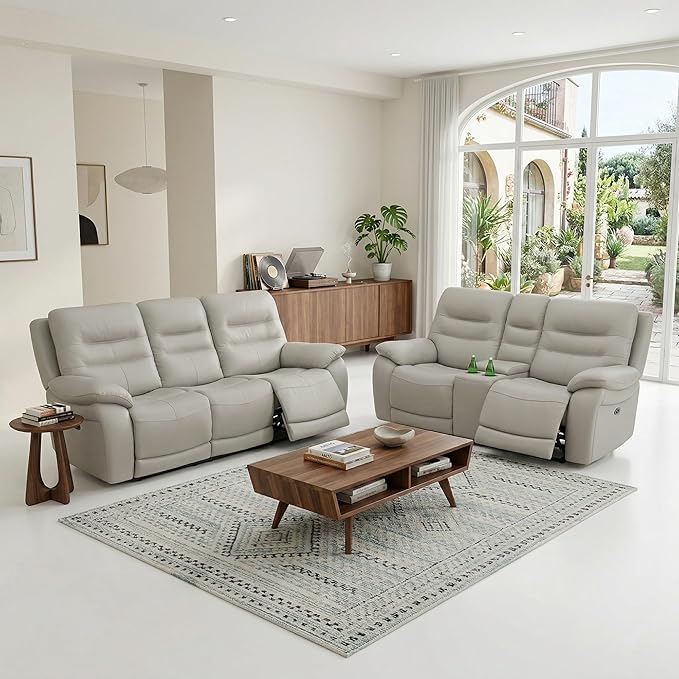 Power Reclining Sofa Set, Genuine Leather Recliner Couch, Light Grey Leather Sofa and Loveseat, 2 Pieces Top Grain Leather Furniture with Cup Holders/Storage/USB Port for Living Room, Apartment