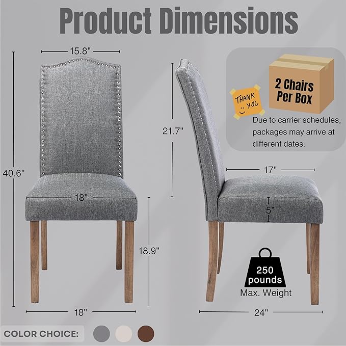 Upholstered Dining Chair Modern Stylish Parsons Kitchen Diner High Back with Silver Nailhead Trim & Wood Legs, Set of 2, Fabric Classic Grey
