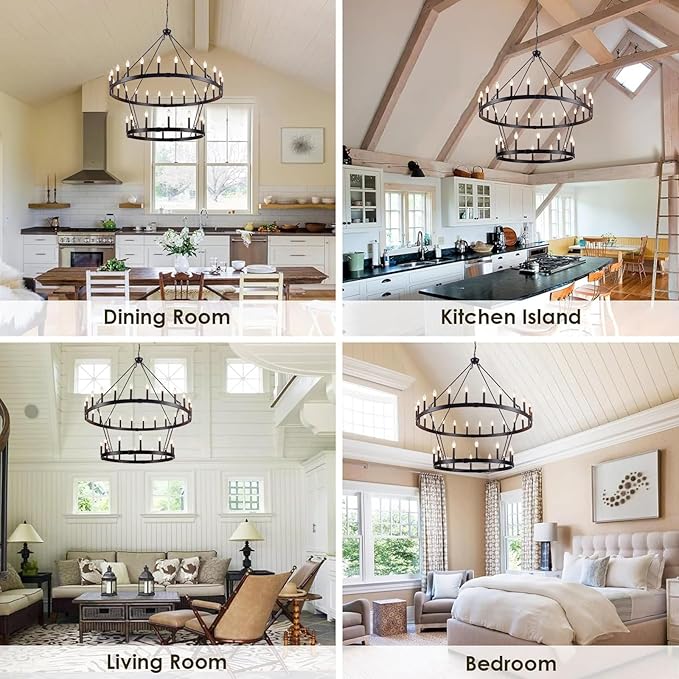 47'' Black Wagon Wheel Chandelier 2 Tier 36-Light Large Round Farmhouse Chandelier, Industrial Pendant Light Fixtures for High Ceilings Dining Living Room Entryway Foyer