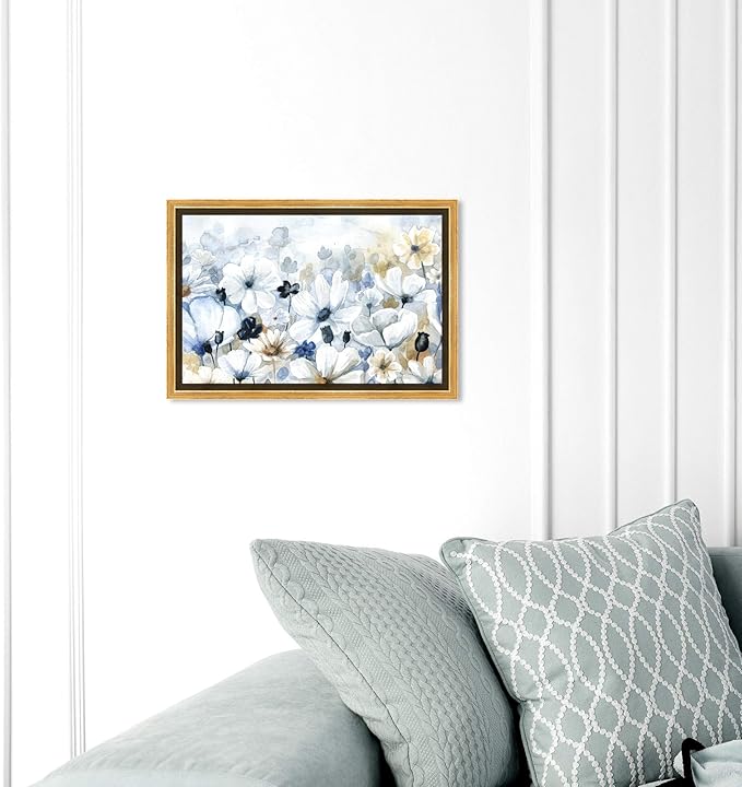 The Oliver Gal Artist Co. Floral and Botanical Wall Art Framed Canvas Prints 'Fields Flowers Home Décor, 15" x 10", Blue, White