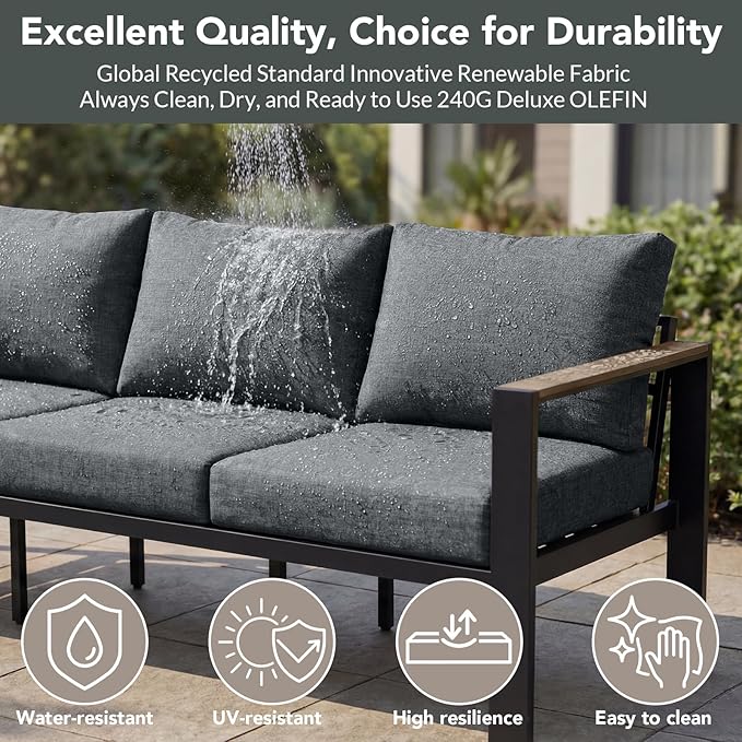 Outdoor Patio Furniture Set 5 Seats Luxury Aluminum Patio Conversation Set with Coffee Table, Washable Thick Cushions, Large Sectional Sofa for Porch, Balcony, Deck, Yard, Gray