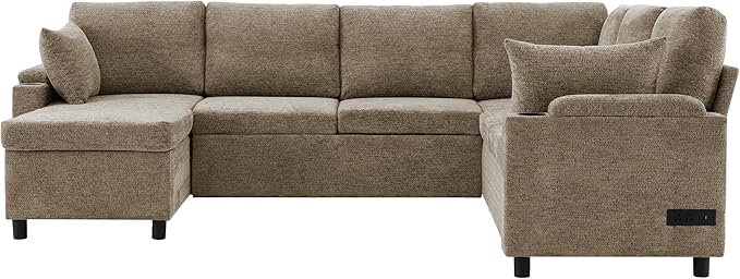 ERYE U Shaped Pull Out Sleeper Sectional Sofa Bed Modern Corner Convertible Sleeper Couch with Left Facing Storage Chaise, Cupholders, Charging Ports and Armrests Storage
