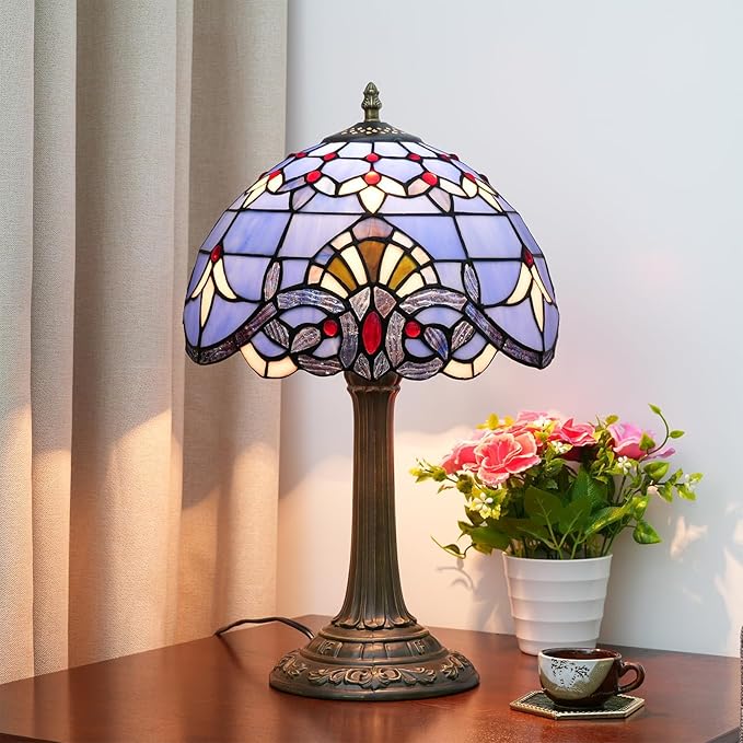 Tiffany Lamp Stained Glass lamp 12 inches Bedside Table Lamps for Living Room Bedroom Dorm Kitchen Home Decor Festival Birthday Gift,Blue Baroque