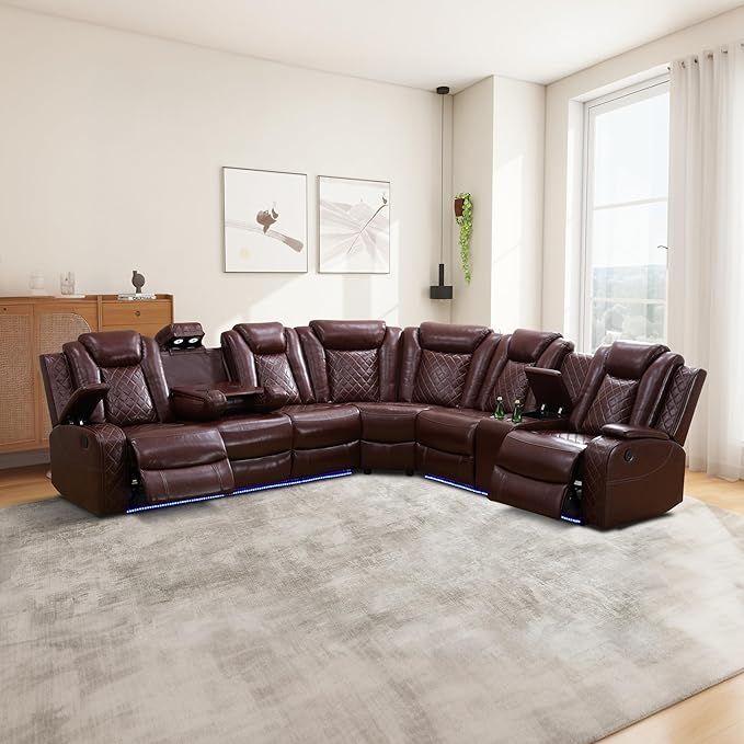 Power Reclinier Sectional Sofa,Brown Red Leather Reclining Sectional Modular Sofa,L Shaped Leather Couch with LED Lights/USB Charger/Cup Holders/Storage Console/Coffee Table(L)
