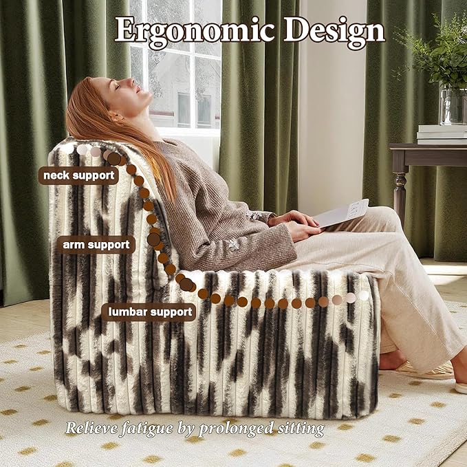 Trenda 32'' Comfy Bedroom Chair for Adult, Boneless Space-Saving Accent Chairs with with Spacious Seating, Soft Faux Fur, Ideal Floor Couch for Living Room,College, Dorm to Reading (White& Brown)