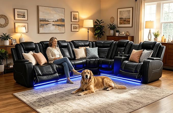 Power Recliner Sectional Sofa with LED Lights & Reading Lamps, Breathing Leather Corner Couch with USB Charging, Storage Console & Cup Holders in Every Armrest, Home Theater Seating for Living Room