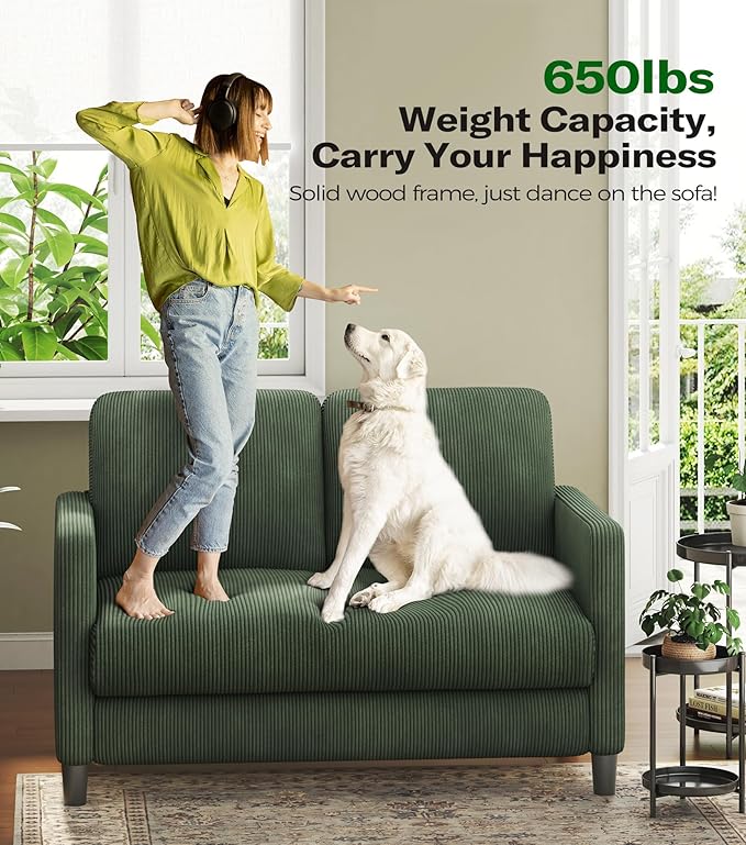 Welzona Loveseat Sofa, 51" Love Seat, Comfy Corduroy Small Loveseat for Small Spaces, Tool-Free Setup Couch for Bedroom, All-Wood Couches for Living Room, No Pillow Included, Green