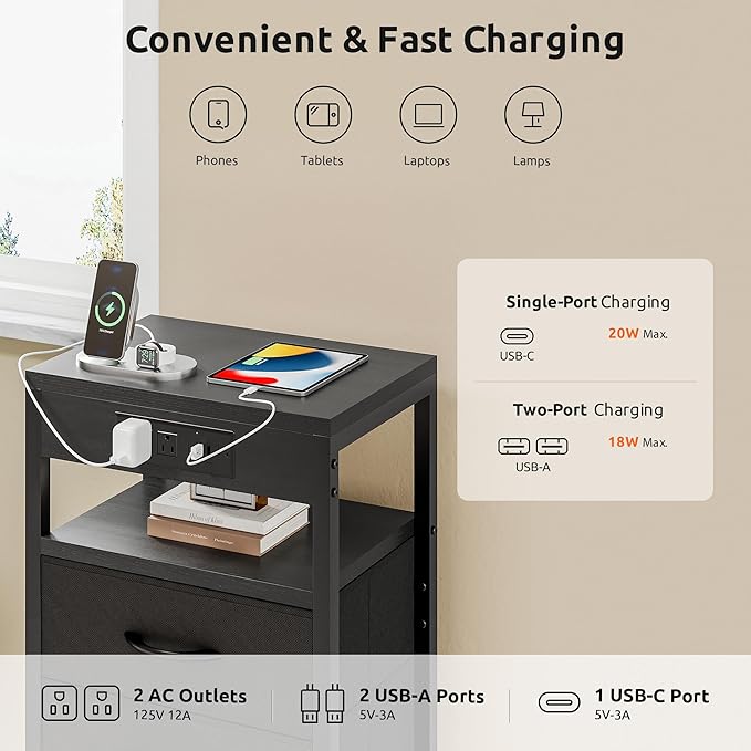 NightStand Bedside Charging Table Bedroom - Black Night Stand with Charger Station, Modern Bed Side End Table with Open Shelf & 4 Fabric Drawers, USB-C Port for Dorm Living Room