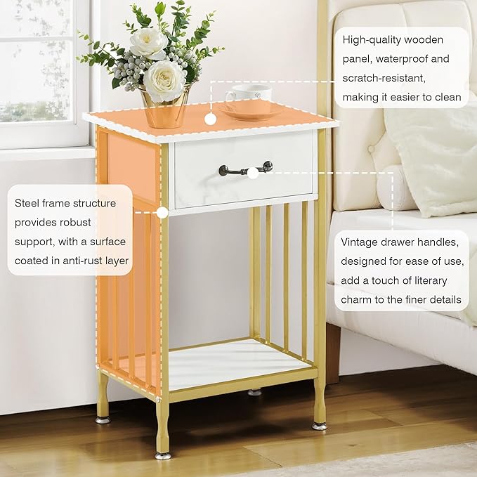 VECELO Nightstands, Industrial Side Table/End Tables with Drawer and Storage Shelf, Night Stands for Bedroom, Living Room, Wood Metal Furniture, Easy Assembly,Gold,l Set