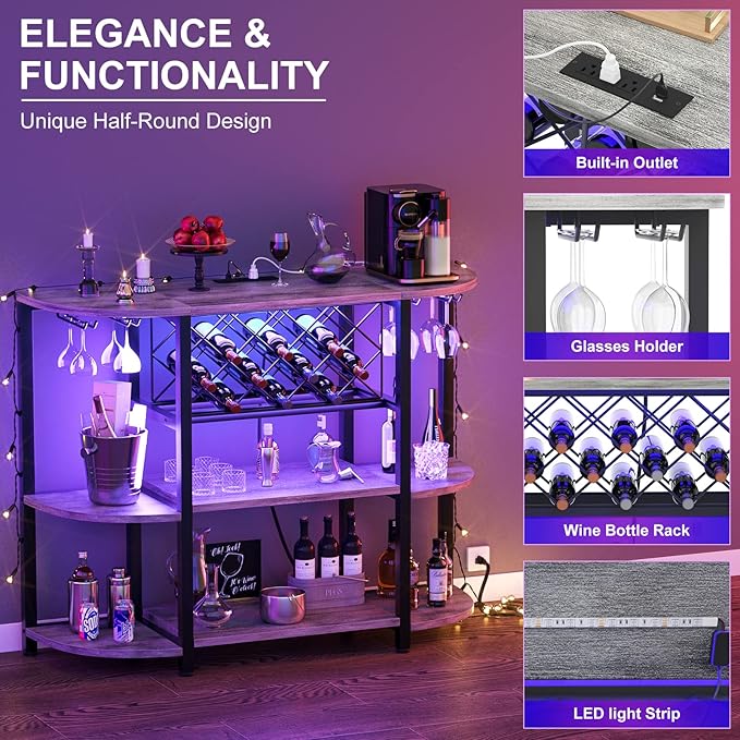 Unikito 4-Tier Metal Coffee Bar Cabinet with Outlet and LED Light, Freestanding Floor Table for Liquor Glass Holder Wine Rack Storage, Bakers Kitchen Dining Room, White Oak
