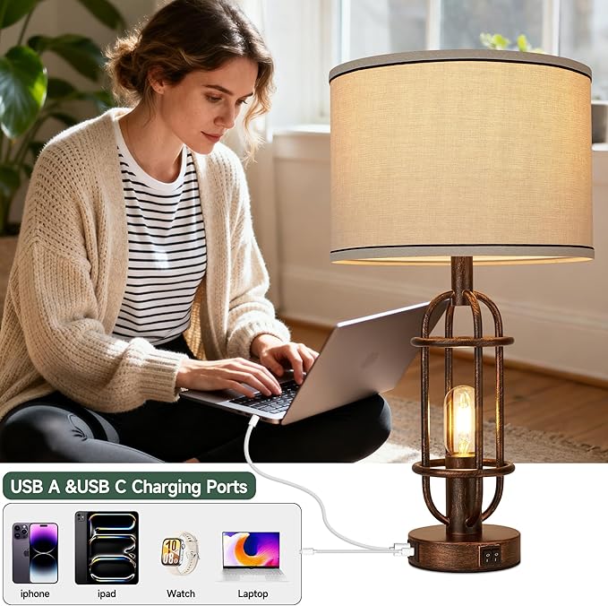 Table Lamps for Living Room Set of 2, 22.3" Farmhouse Lamps for Nightstand, Industrial Table Lamps for Bedroom with USB Ports, Retro Bronze