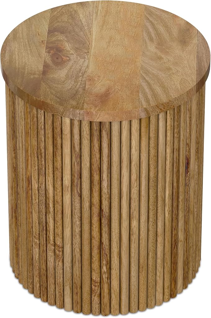 SIMPLIHOME Demy End Table - 18 inch Wide Solid Mango Wood Round Accent Table in Natural, Handcrafted Industrial Nightstand or Lamp Stand for Living Room or Bedroom with Slatted Base, Assembled