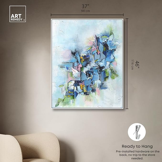Art Remedy Poesy Canvas Modern Blue Abstract Wall Art, White Frame, 36" x 45"