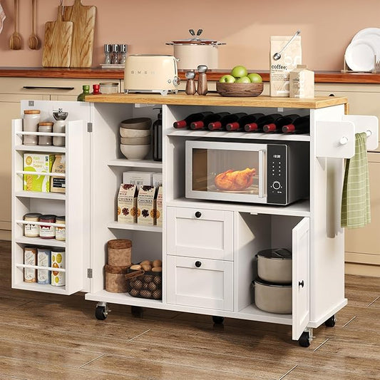 Rolling Kitchen Island with Storage Cabinet, 41.3'' Width Kitchen Cart with Desktop Drop Leaf Countertop, Portable Mobile Island with Towel Rack, Spice Rack Shelf, White