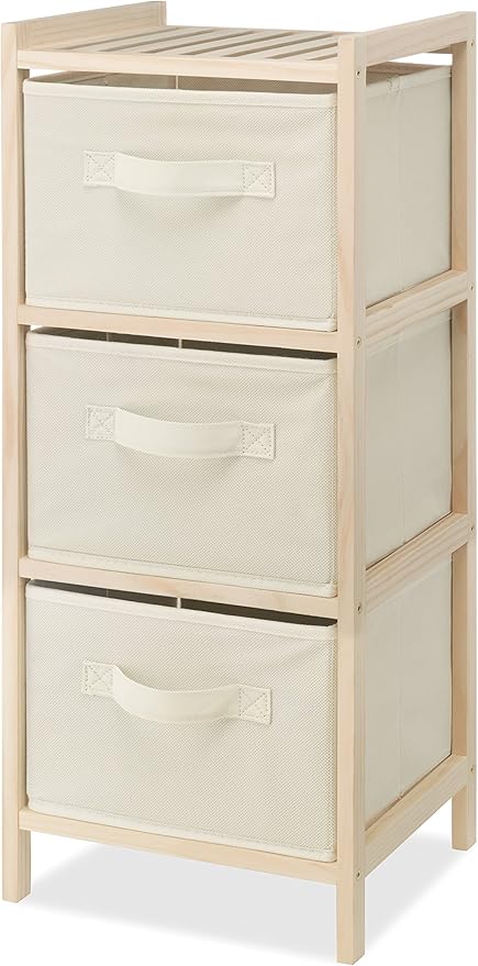 Whitmor 3 Drawer Wood Chest Organizer, Natural Pine Storage with Pull Out Fabric Bins, Easy Assembly, Compact Design for Bedroom Closet Nursery, 11.0"L x 10.0"W x 25.5"H