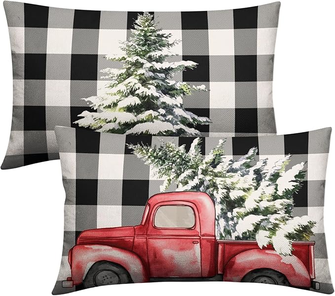 Christmas Lumbar Pillow Covers 12x20 Set of 2 Black and White Buffalo Plaid Red Truck Christmas Tree Decorative Throw Pillow Covers Xmas Winter Holiday Pillow Case for Outdoor Couch Patio