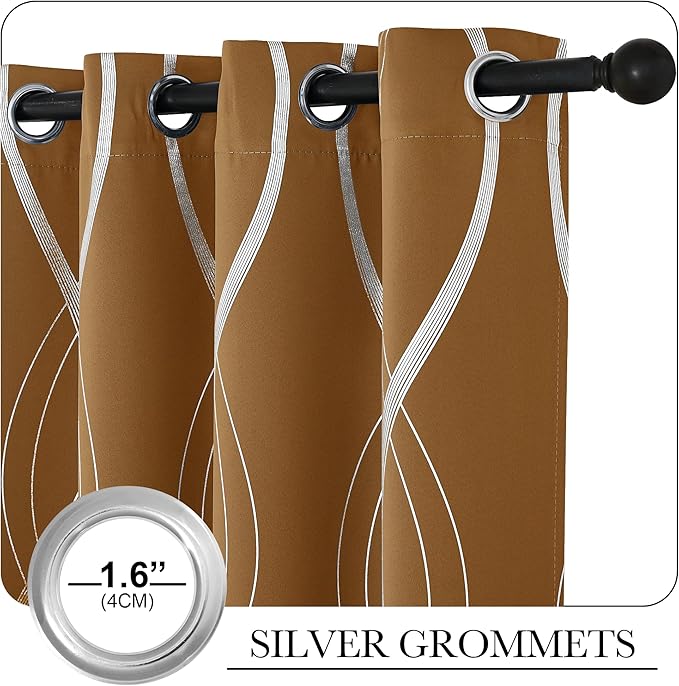 NICETOWN Blackout Gold Brown Kitchen Curtain 72 inch Long, Home Decoration Wave Line Foil Printed Design Drapes for Nursery and Baby Room, 2 Panels