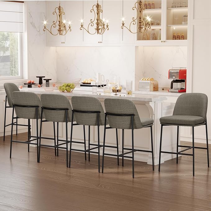 Bar Stools Set of 6, Modern Upholstered Counter Height Bar Chairs with Cushioned Seat and Curved Back, Fabric Kitchen Island Stools with Sturdy Metal Legs for Dining Room Island Bar, Brown