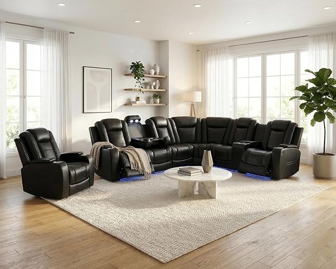Air Leather Recliner Sectional Sofa Set, Power Reclining Sectional Couch for Living Room, L Shaped Recliner Corner Couch and Single Chair with LED Lighting, USB Port&Storage (Black Pro)